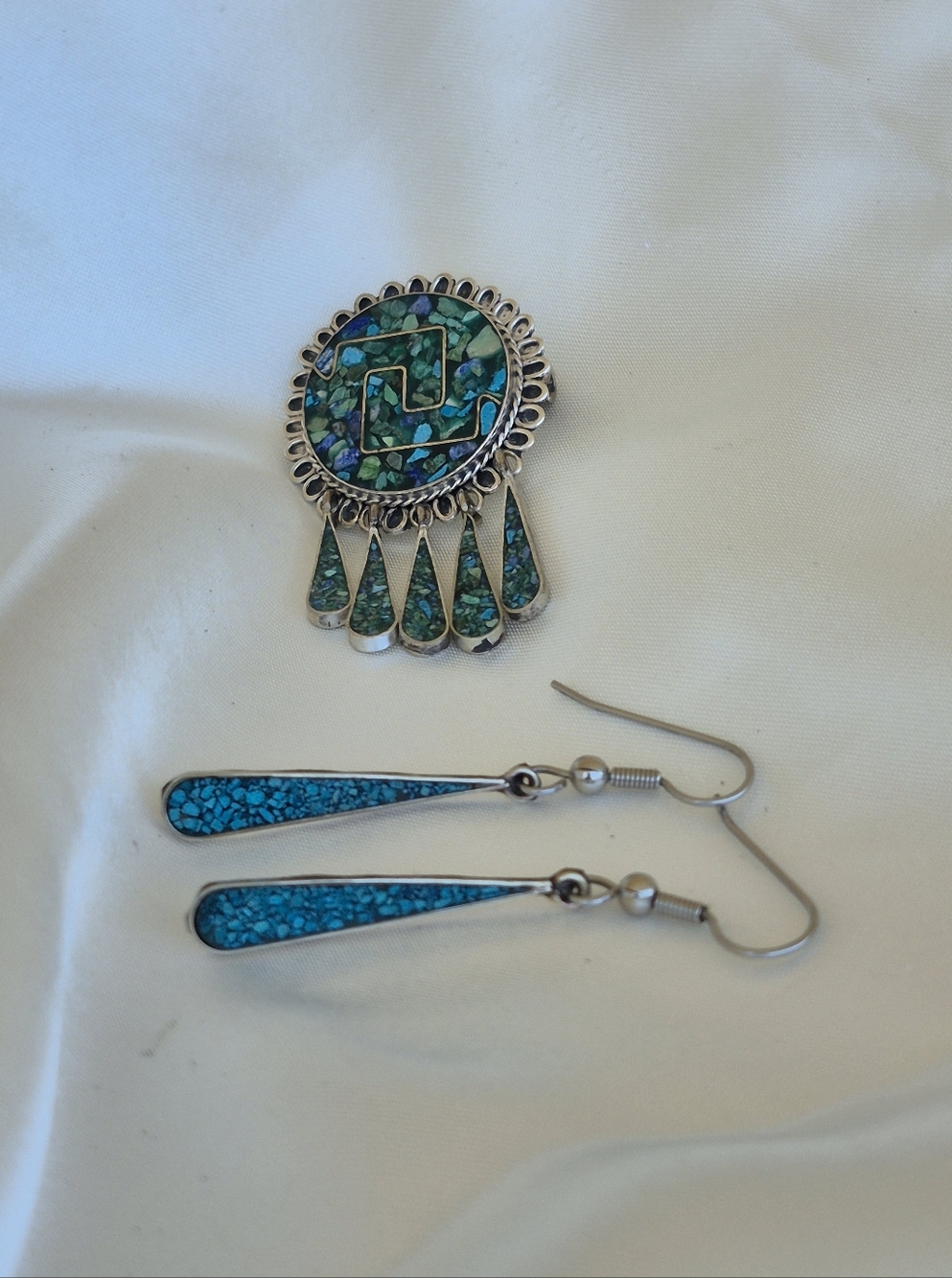 GORGEOUS Taxco Mexico Turquoise Mosaic Drop Earrings &  Pendant / Brooch Set 925